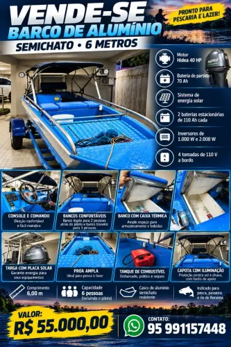 Barco semichato de alumínio de 6 metros com motor 40 Hp hidea, carretinha emplacada em dia
