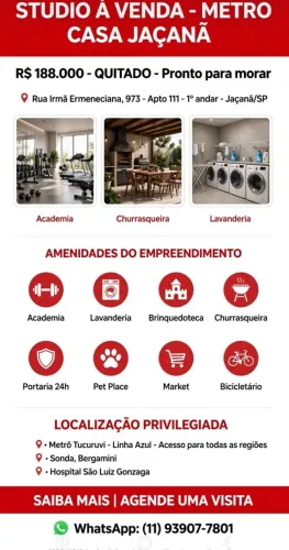 STUDIO À VENDA - R$ 188.000. QUITADO - METRO CASA JAÇANÃ
