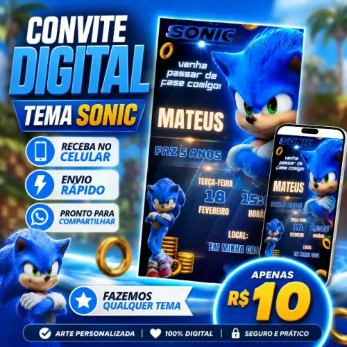 Convite Digital Sonic Personalizado para Aniversário
