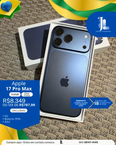 IPHONE 17 PRO MAX, 5G, CHIP FÍSICO, 512GB, AZUL, SEMINOVO NA GARANTIA, LANÇAMENTO!
