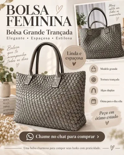 Bolsa Feminina Grande Trançada Grafite - Linda e Espaçosa