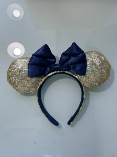 Tiara orelhas Minnie paetê dourado e laço azul marinho - perfeito estado