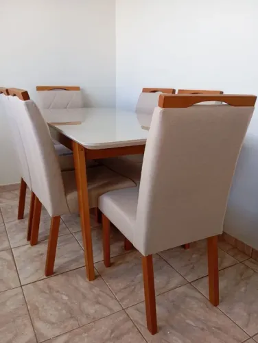 Mesa de jantar 6 cadeiras 100% madeira tecido linho 