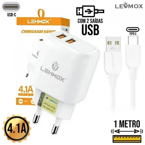 Carregador 2 USB + Cabo Tipo C 1m LE-497TYPEC Lehmox - Branco