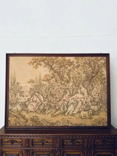 Quadro em tapeçaria Gobelin retratando cena campestre emoldurado