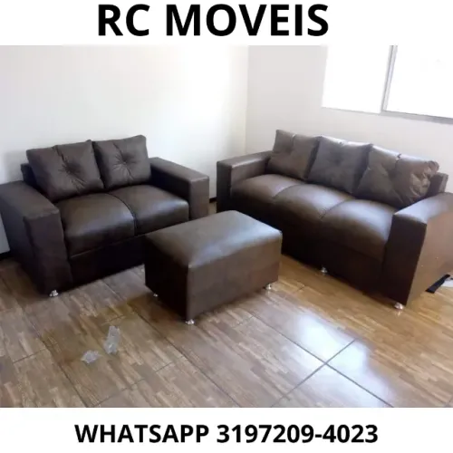 Sofá 3 e 2 Lugares em Couro Sintético + Puff - Novo Direto da Fábrica
