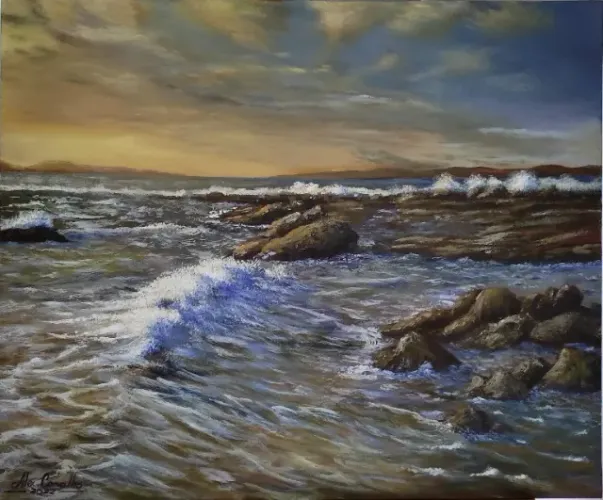 Quadro paisagem pintado à mão - Dançando ao pôr do sol