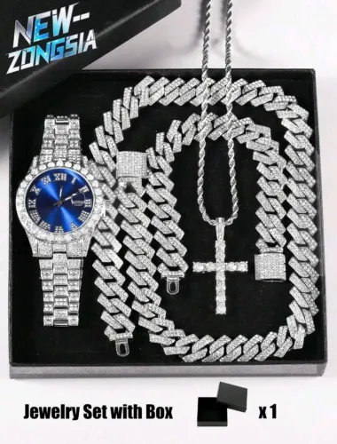 Conjunto Relógio Masculino 5 Peças Corrente Cruz Pulseira