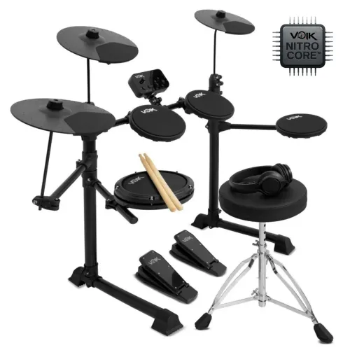 Bateria Eletrônica Midi Preta Voik Vibe-500 Caixa Mesh Completa C/ Banco + Fone + Baqueta