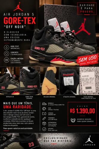 AIR JORDAN 5 RETRO GORE-TEX ?OFF NOIR? ? NOVO, SEM USO
