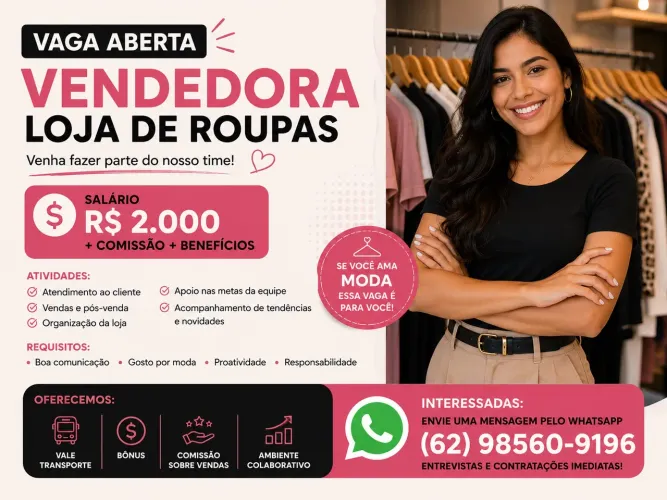 Vendedora de Loja de Roupas | R$ 2.000 + Comissão + Benefícios