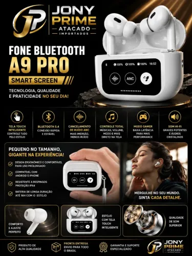 Fone Bluetooth A9 Pro Smart Screen com Tela Touch