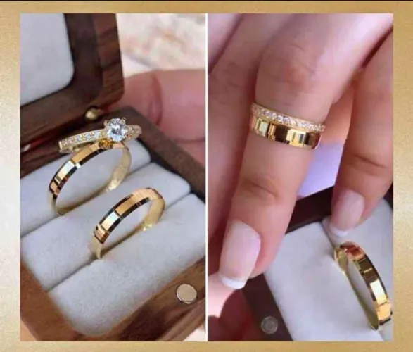 Par de Alianças Tungstênio Chanfradas 4mm Ouro18K Banho + Solitário - Promoção!