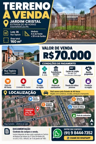TERRENO À VENDA NO 40 HORAS - LOTEAMENTO JARDIM CRISTAL | ANANINDEUA