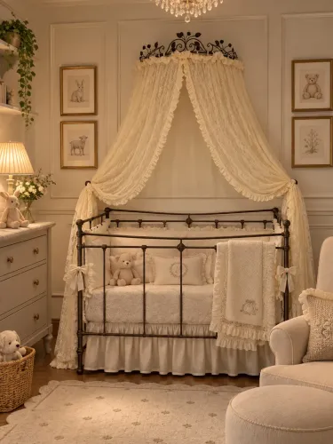 Lindo Dossel de ferro para cama ou berço, ganchos apoiadores e cortina de renda!