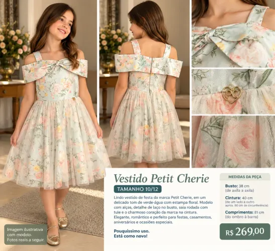 Vestido de Festa Petit Cherie Floral - Tam. 10/12 - Pouquíssimo Uso ?