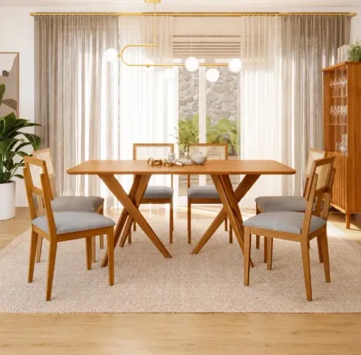 Conjunto Mesa de Jantar Montel 180 com 6 Cadeiras Linho Cinza Grafite