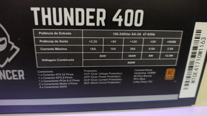 Fonte mancer thunder 400w PFC ativo plus 80 bronze