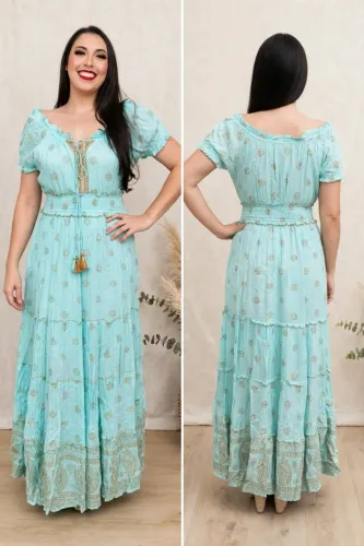 Vestido longo azul tiffany com dourado