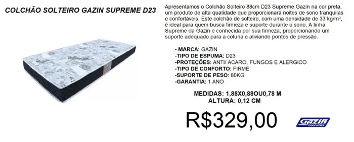 Colchão solteiro d23 gazin  1 ano de garantia - compre hoje e receba em até 72h 