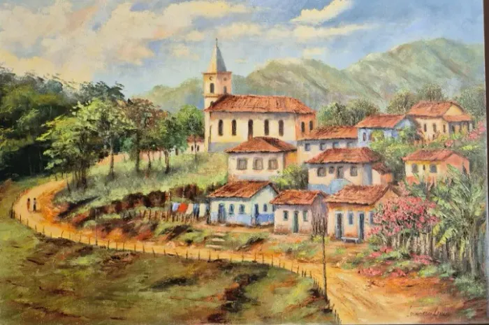 Pintura a óleo, com vila de Minas Gerais de Lourdes de Lima, medindo 40x60cm