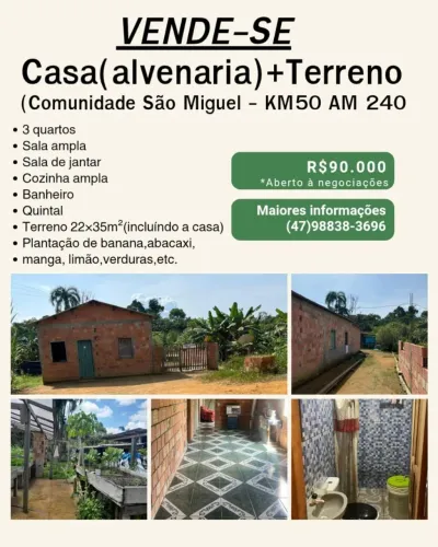 Vende-se Casa na comunidade São Miguel km 50 da estrada de Balbina.
