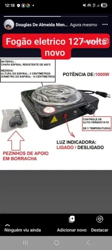 Fogão elétrico 1 boca 127 volts novo