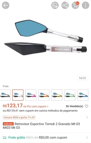 Retrovisores esportivos MT 03+ pesinho guidão