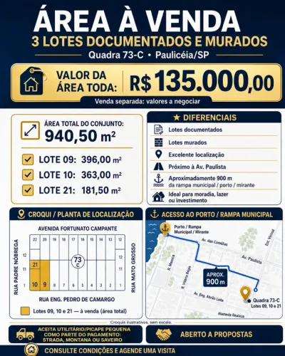 ÁREA À VENDA EM PAULICÉIA/SP ? 3 LOTES DOCUMENTADOS E MURADOS 940 METROS QUADRADOS