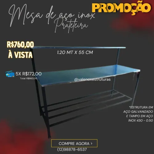 Mesa Inox nova com prateleira 