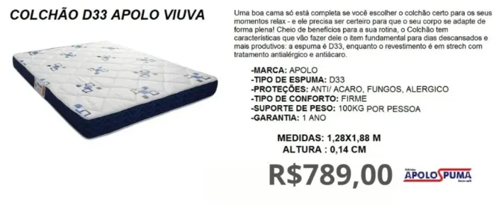 COCLHÃO DE VIUVA APOLO ESPUMAS D33 128X1,88X14