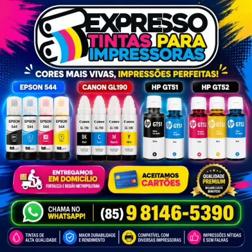 Tinta De Impressoras Epson Canon e HP. Pronta Entrega. Fale Conosco. Aceitamos Cartões.
