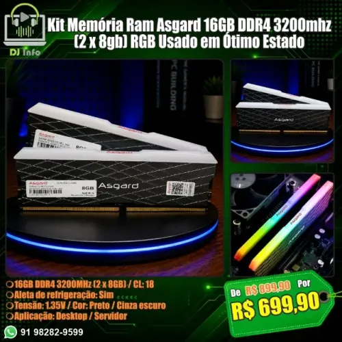 Kit Memória Ram Asgard 16GB DDR4 3200mhz (2 x 8GB) RGB Usado em Ótimo Estado