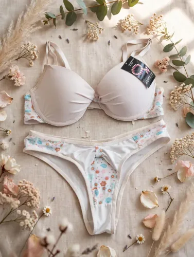 Conjunto Lingerie Floral | Sutiã Branco e Calcinha Lacinho<br>
