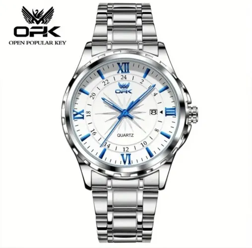 Relogio de Inox OPK Prateado Silver WHITE, Pulseira em Inox prateada Lindo, Detalhes azuis
