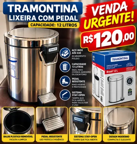 Lixeira com Pedal Tramontina em Aço Inox 12 Litros Nova Nunca Usada