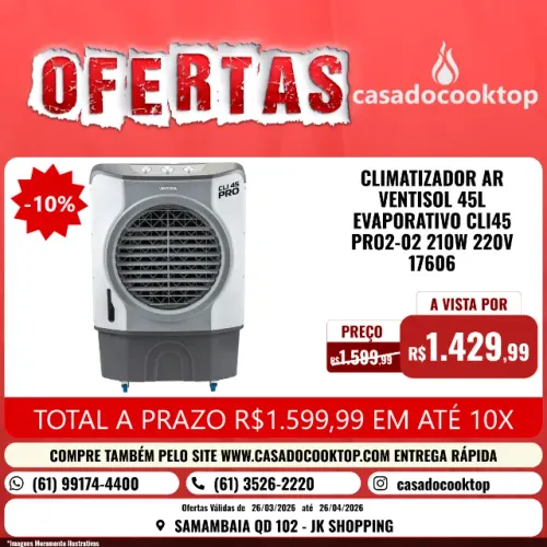 CLIMATIZADOR AR VENTISOL 45L EVAPORATIVO CLI45 PRO2-02 210W 220V 17606
