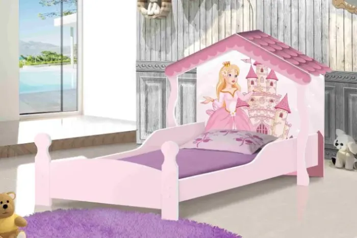 Cama Solteiro Casa Princesa Branco.Rosa