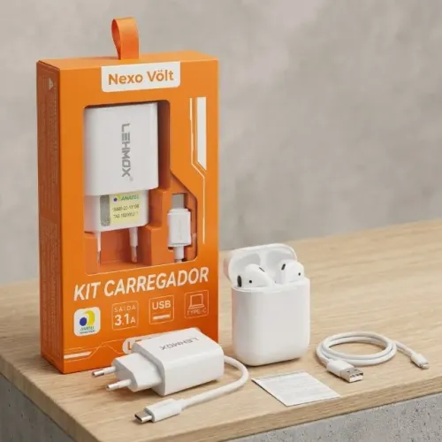 Kit Conectado: Fone Sem Fio + Carregador Rápido Tipo C Novo