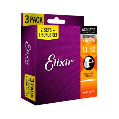 Pack C/ 3 Jogos de Elixir Nanoweb P/ Volão Aço 11/52 - EC0485