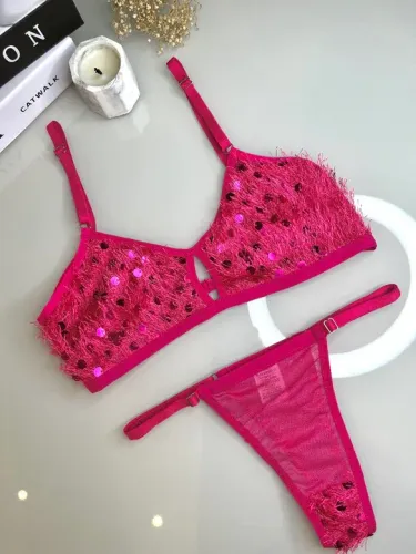 Conjunto de Lingerie com Detalhes em Paetês calcinha sutiã moda íntima