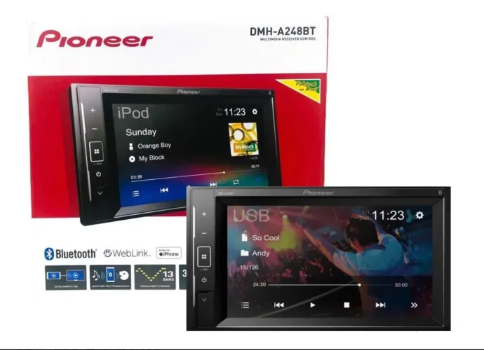 MEGA BLACK:  Multimídia Dvd Pioneer Dmh-A248BT Din Usb WebLink Espelhamento 
