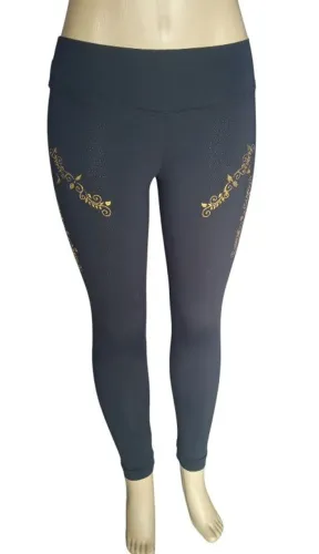 Calça Legging feminina tecido extreche cor azul escuro com desenhos floral dourado tam:38