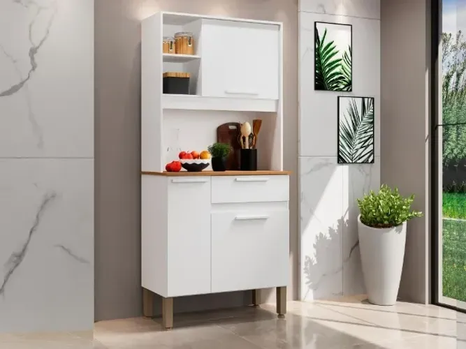 Armário de cozinha branco ideal para organizar seus utensílios e mantimentos Com 2 portas
