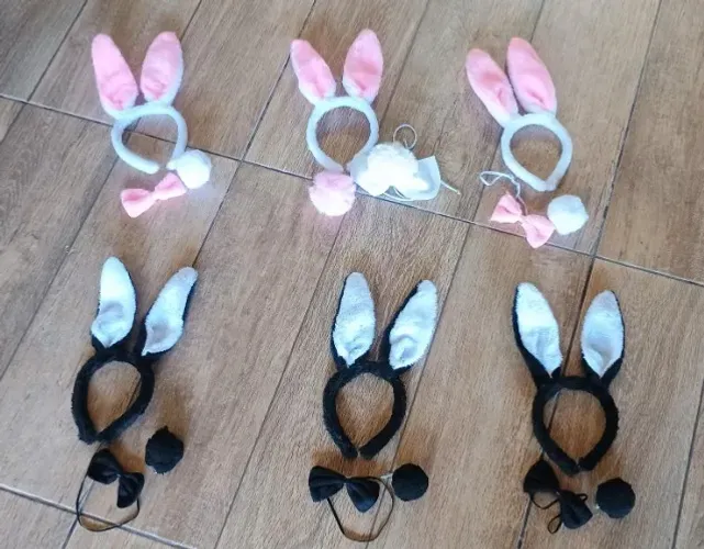 6 Kits Tiara, Gravata e Rabo Coelho, sendo 2 Braco e Rosa e 2 Branco e Preto - DESAP
