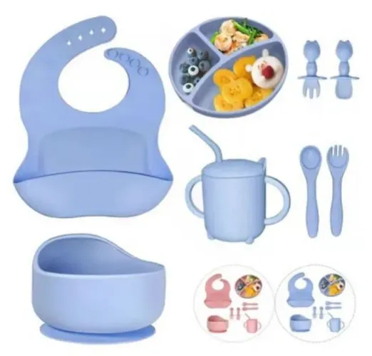 Kit 8 Alimentação Bebê Silicone Prato Babador Alimentar