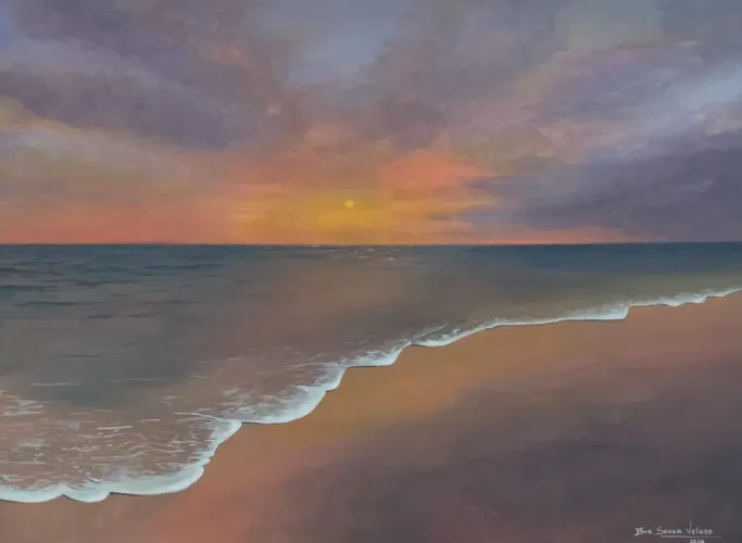 Quadro realista em tela paisagem. Por do sol no mar