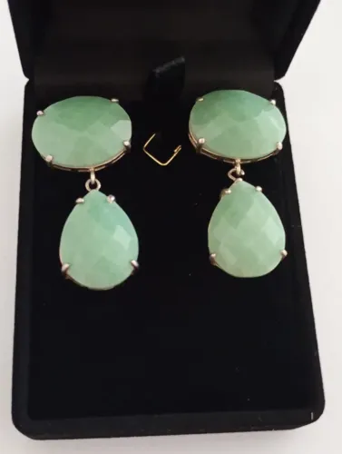 Brinco prata 950 Jade verde natural lapidada