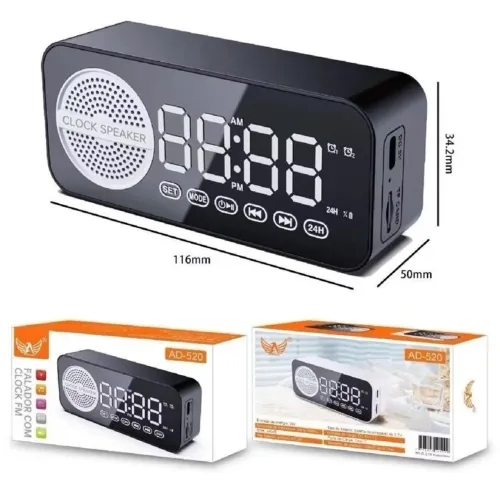 Caixa som rádio FM Bluetooth relógio ad-520