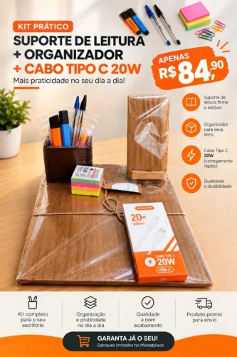 KIT PRÁTICO leitura com suporte de celular + cabo tipo c 20w